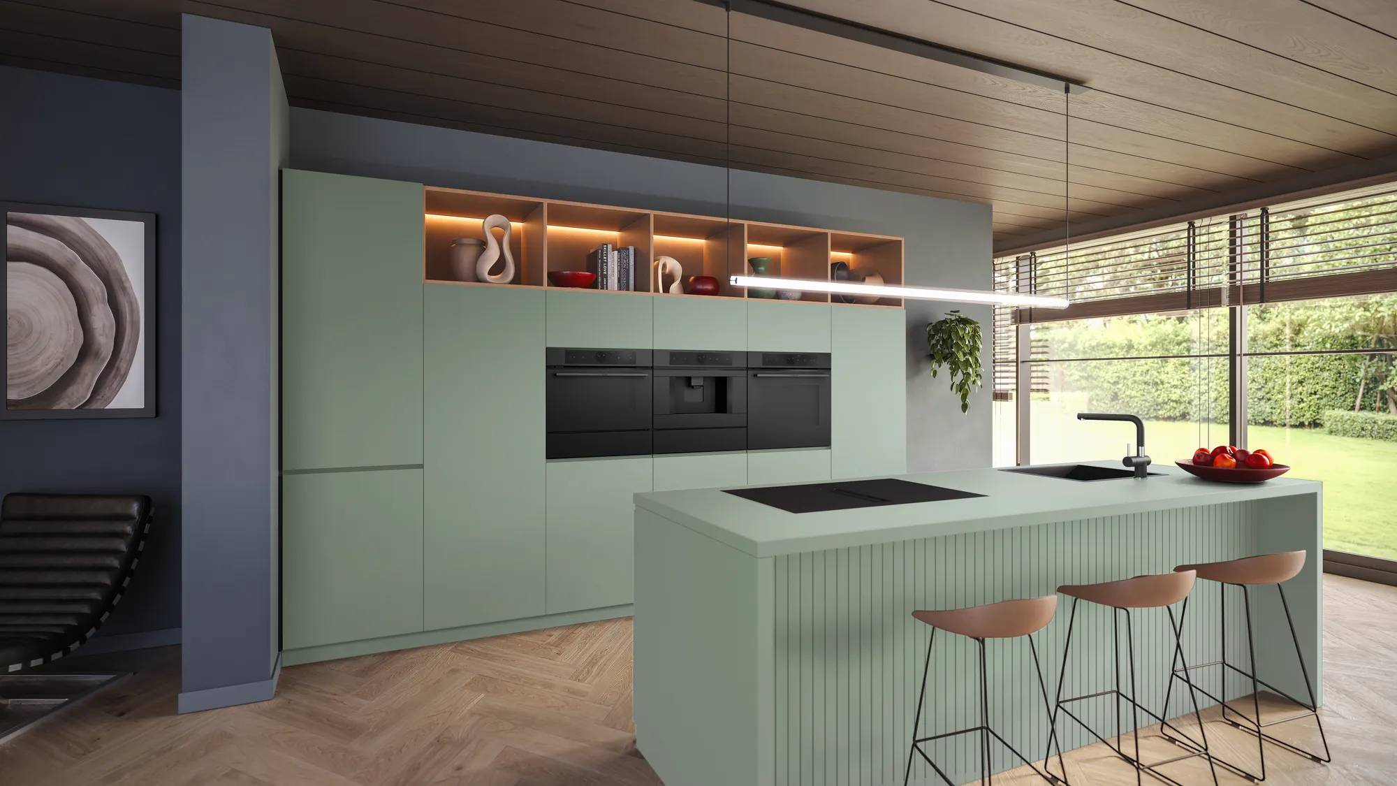 Bosch Einbau-Backofen im Matt Design in einer hellen Küche mit Holzfronten